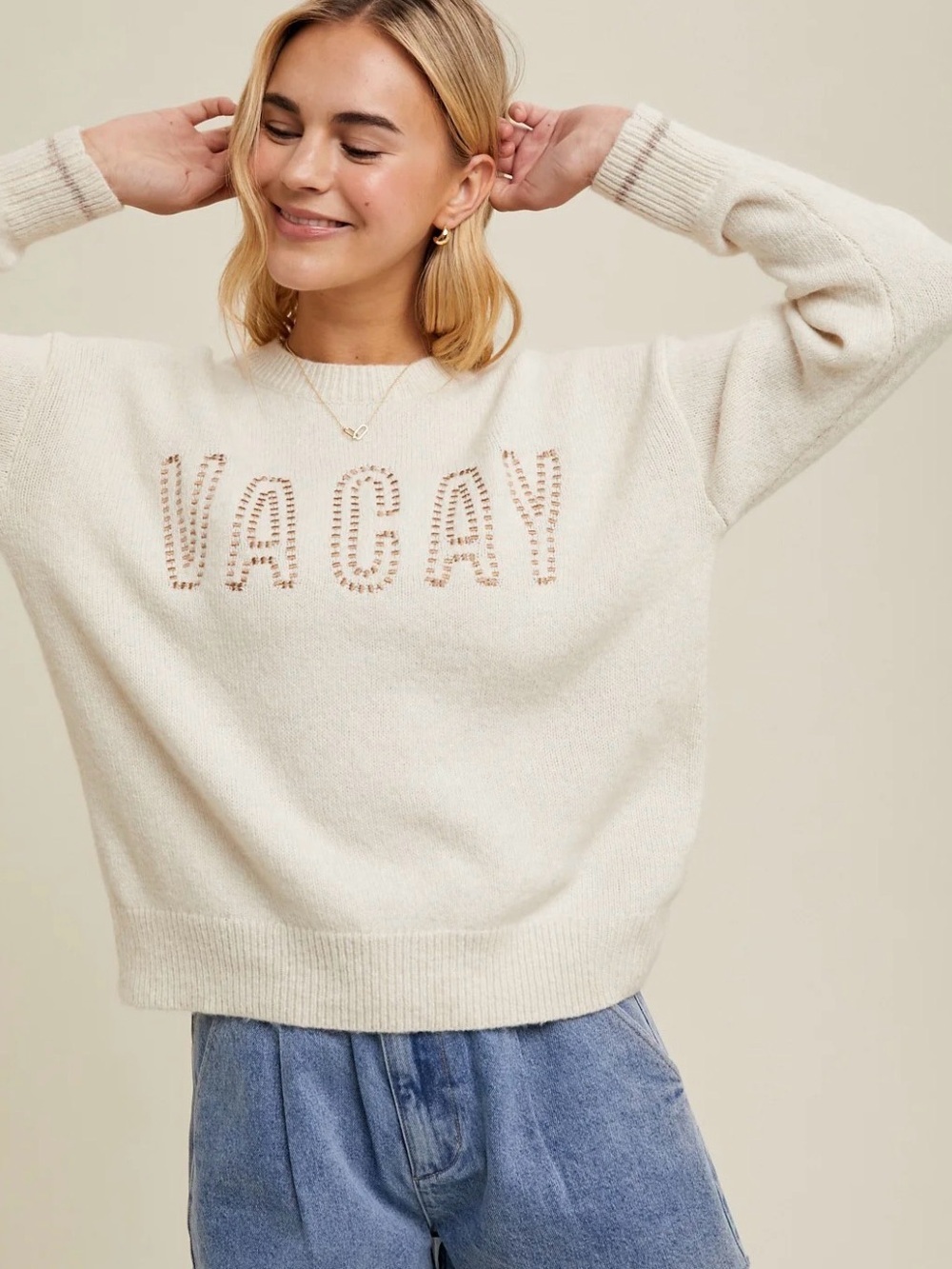 Wishlist Cream 'VACAY' Embellished Crewneck Sweater